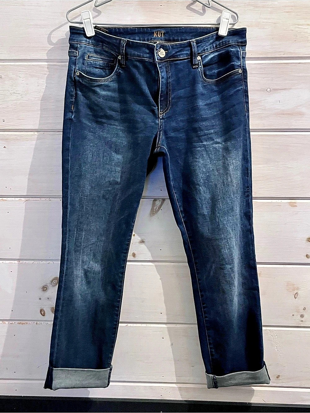 KUT From The Kloth Dark Wash Cuffed Straight Leg Jeans Size 10